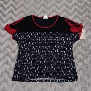 Ivy Ridge Womens Size M Black Red Cold Shoulder Anchor Nautical Shirt NWT